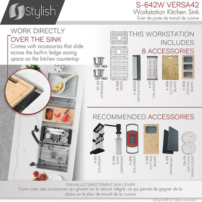 Stylish - 42 Inch Workstation 70/30 Double Bowl Undermount 16 Gauge Stainless Steel Kitchen Sink With Accessories Included( S-642w )