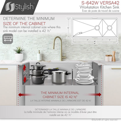 Stylish - 42 Inch Workstation 70/30 Double Bowl Undermount 16 Gauge Stainless Steel Kitchen Sink With Accessories Included( S-642w )