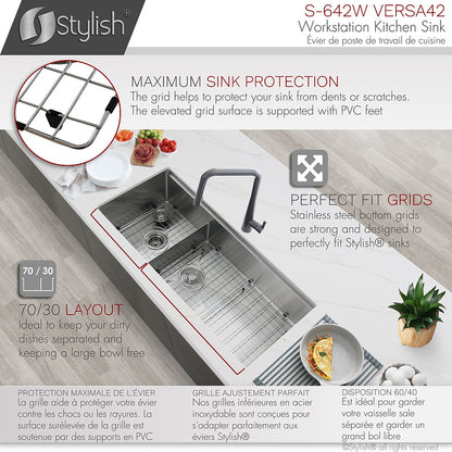 Stylish - 42 Inch Workstation 70/30 Double Bowl Undermount 16 Gauge Stainless Steel Kitchen Sink With Accessories Included( S-642w )