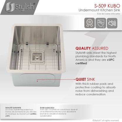 Stylish Kubo 16" x 18" Single Bowl Stainless Steel Kitchen Sink with Square Strainer S-509XG