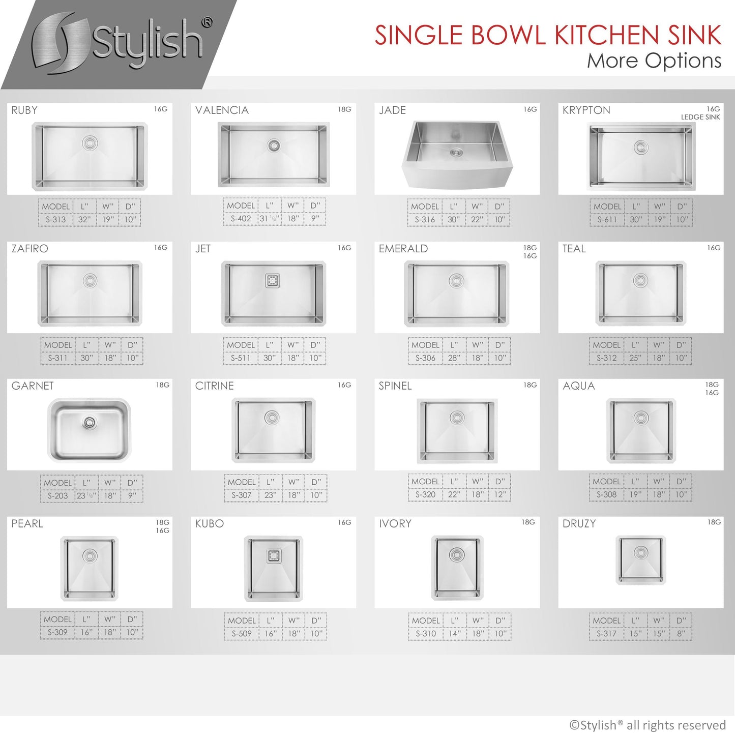 Stylish Kubo 16" x 18" Single Bowl Stainless Steel Kitchen Sink with Square Strainer S-509XG