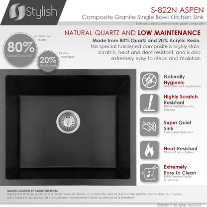 Stylish Aspen 22" x 17.5" Dual Mount Single Bowl Black Composite Granite Kitchen Sink with Strainer