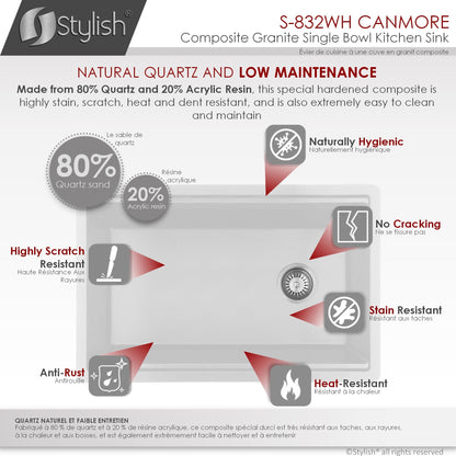 Stylish Canmore 32" x 18" Dual Mount Workstation Single Bowl White Composite Granite Kitchen Sink with Built in Accessories