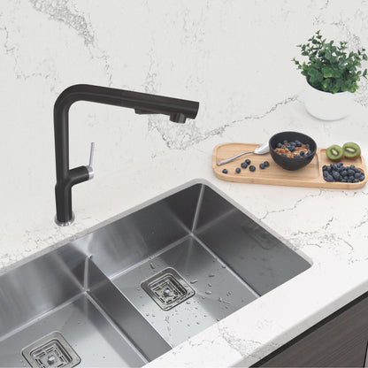 Stylish Latina 13" Kitchen Faucet Single Handle Pull Down Dual Mode Stainless Steel Matte Black with Silver Base and Handle Finish K-146NS