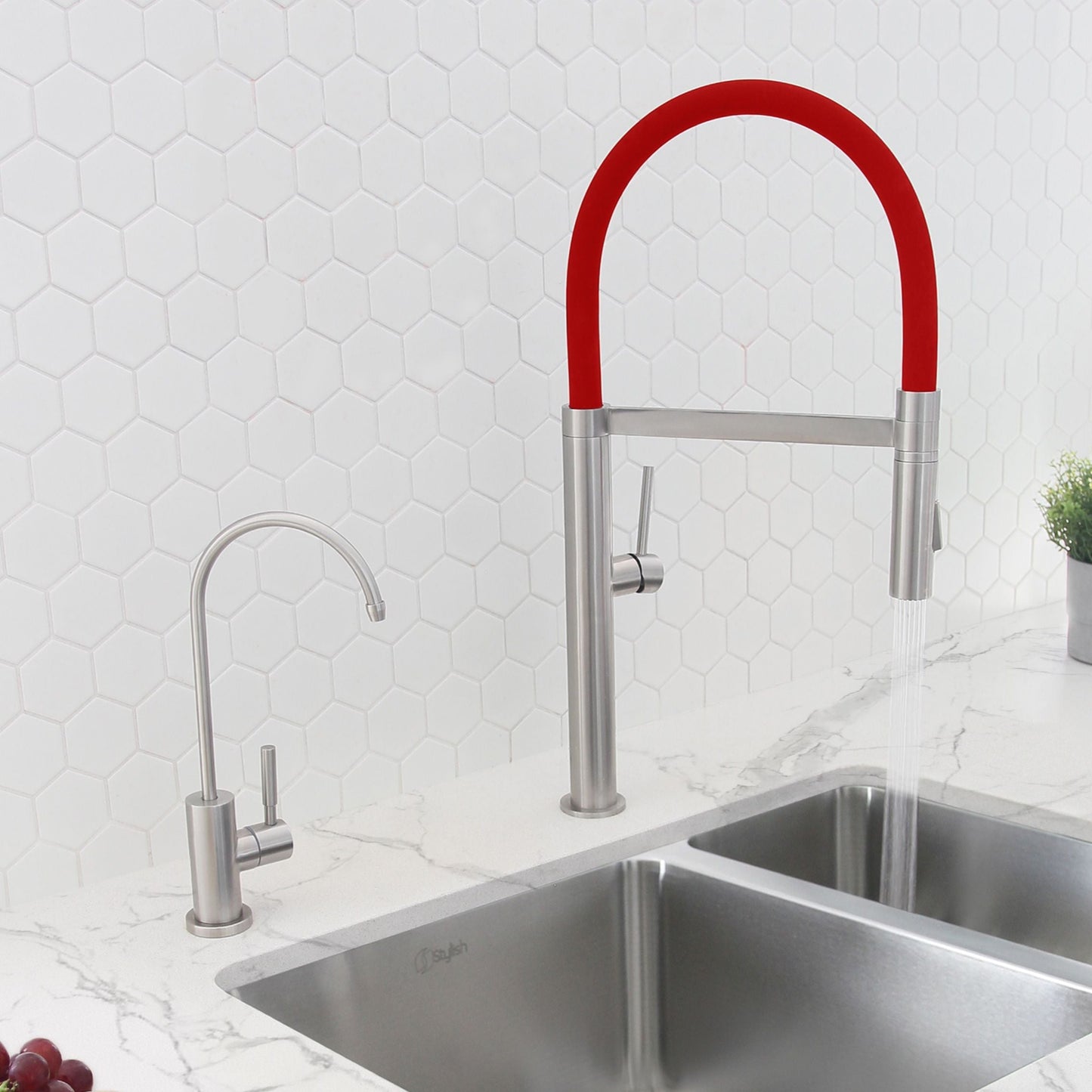 Stylish Carpi 20" Stainless Steel Single Handle Pull Out Dual Mode Kitchen Faucet with Red Spout Hose K-140R