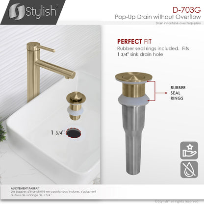 Stylish Stainless Steel Bathroom Sink Pop-Up Drain without Overflow Brushed Gold Finish D-703G