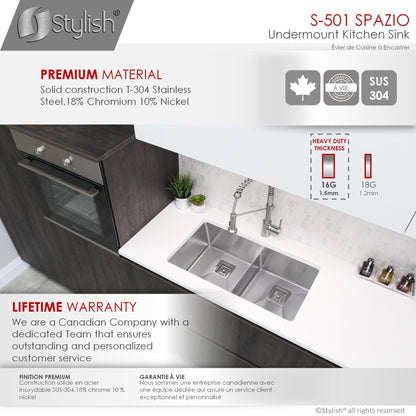 Stylish Spazio 33" x 18" Slim Low Divider Double Bowl Undermount Stainless Steel Kitchen Sink S-501XG