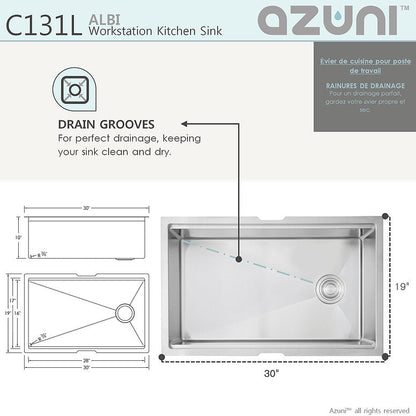 Stylish Azuni Albi 30" x 19" Reversible Undermount Workstation Single Bowl Kitchen Sink C131L