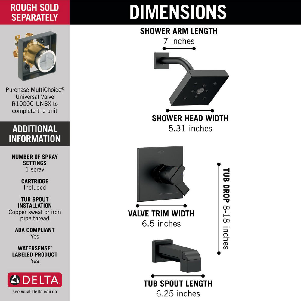 Delta ARA Monitor 17 Series H2Okinetic Tub & Shower Trim -Matte Black (Valve Sold Separately)