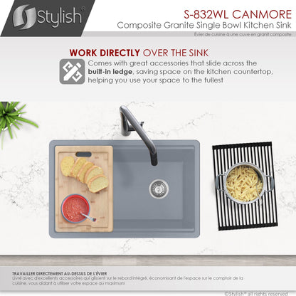 Stylish Canmore 32" x 18" Dual Mount Workstation Single Bowl Gray Composite Granite Kitchen Sink with Built in Accessories