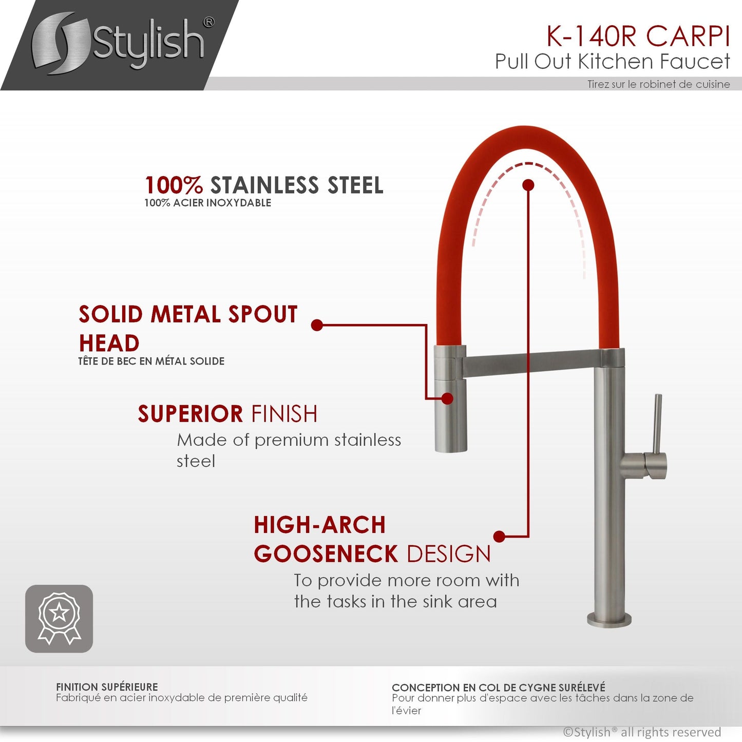 Stylish Carpi 20" Stainless Steel Single Handle Pull Out Dual Mode Kitchen Faucet with Red Spout Hose K-140R