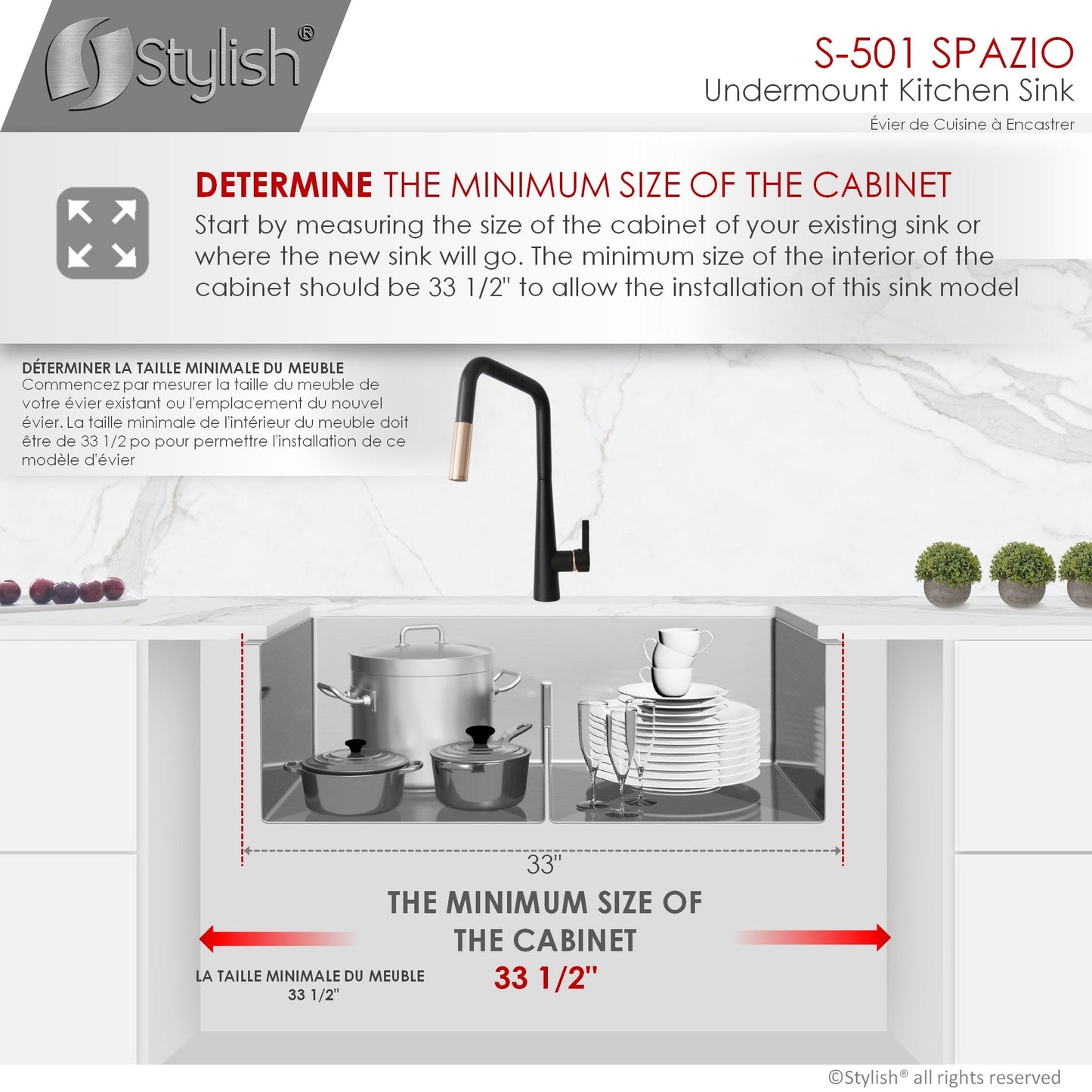 Stylish Spazio 33" x 18" Slim Low Divider Double Bowl Undermount Stainless Steel Kitchen Sink S-501XG