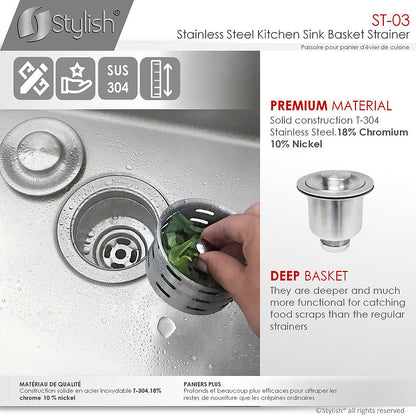 Stylish 3.5" Stainless Steel Extra Deep Strainer with Removable Basket, Strainer Assembly ST-03