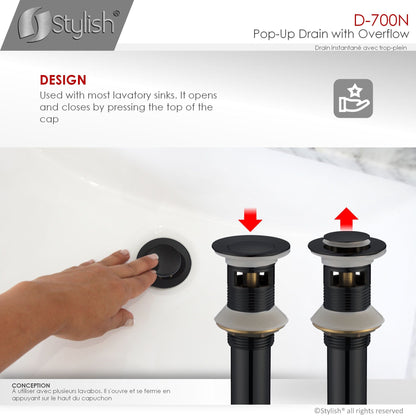 Stylish Pop-Up Drain with Overflow, Matte Black Finish D-700N