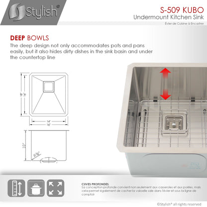 Stylish Kubo 16" x 18" Single Bowl Stainless Steel Kitchen Sink with Square Strainer S-509XG