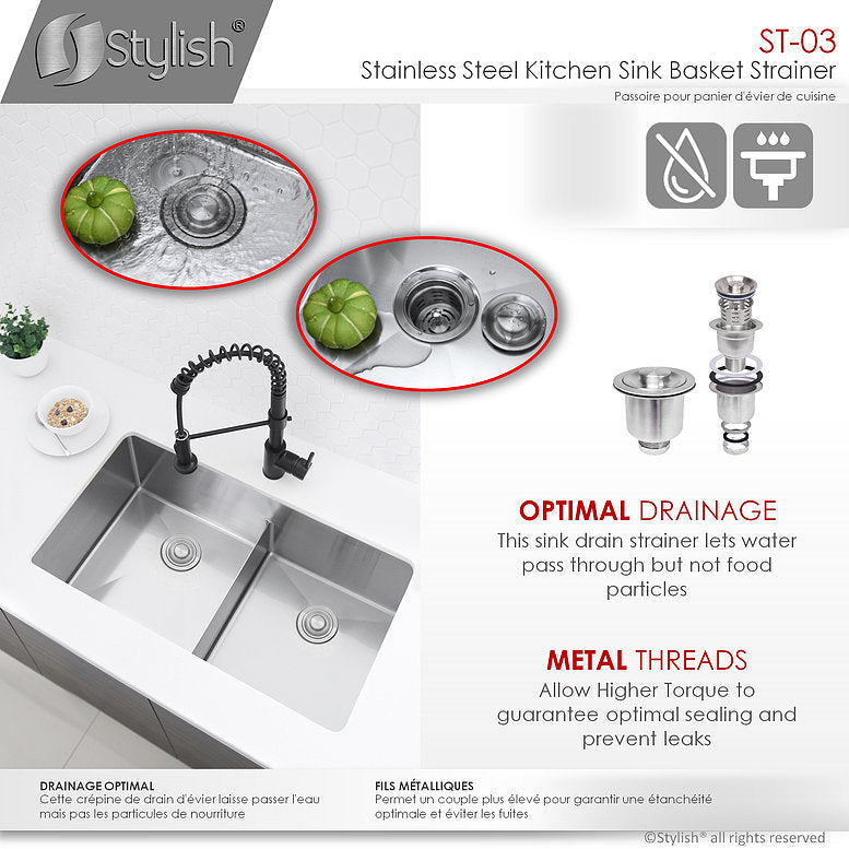 Stylish 3.5" Stainless Steel Extra Deep Strainer with Removable Basket, Strainer Assembly ST-03