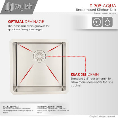 Stylish Aqua 19" x 18" Single Bowl Undermount Stainless Steel Kitchen Sink Laundry S-308XG