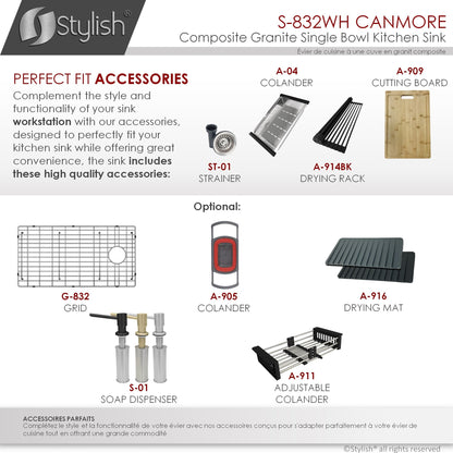 Stylish Canmore 32" x 18" Dual Mount Workstation Single Bowl White Composite Granite Kitchen Sink with Built in Accessories