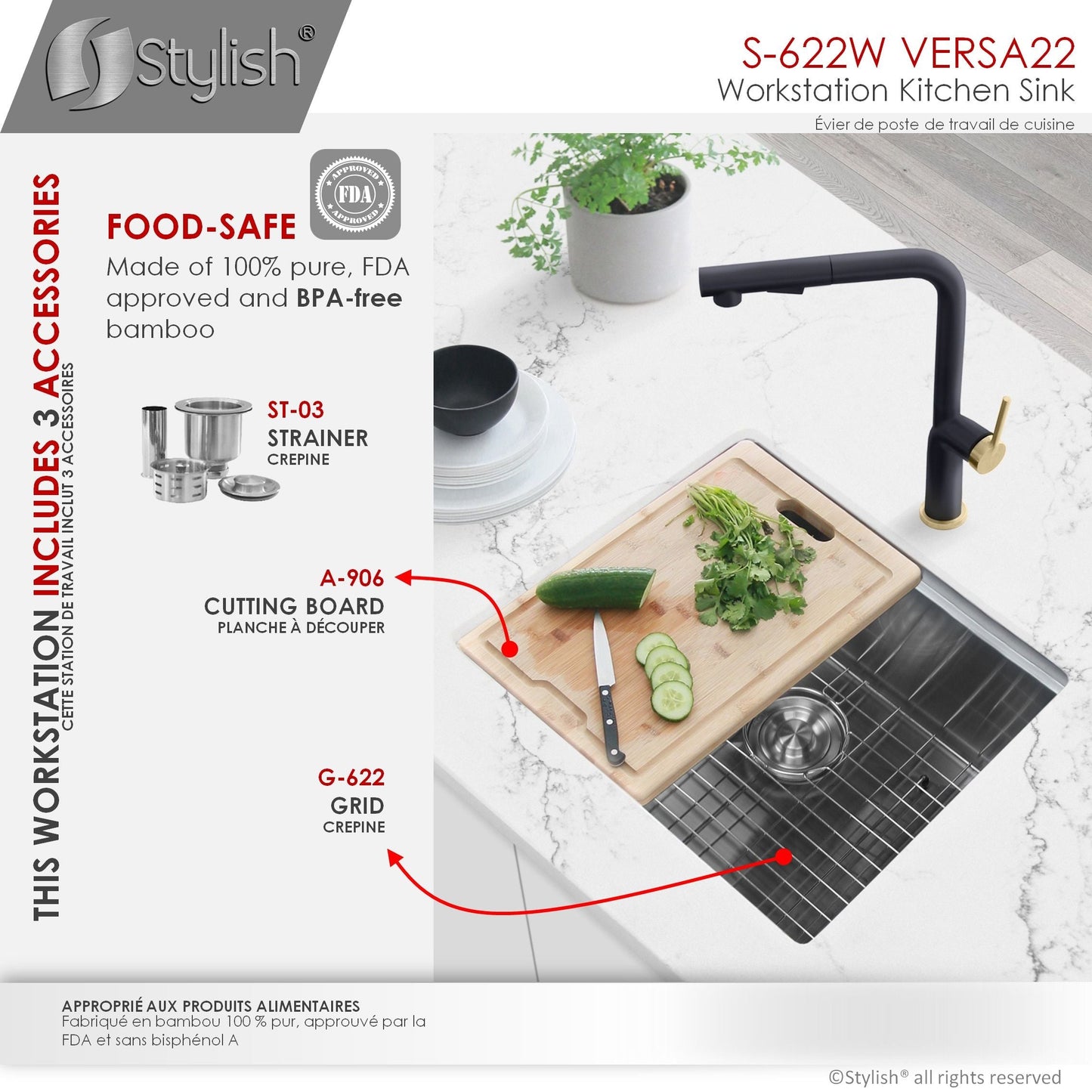 Stylish Versa22 22" x 19" Workstation Single Bowl Undermount 16 Gauge Stainless Steel Kitchen Sink with Built in Accessories S-622W