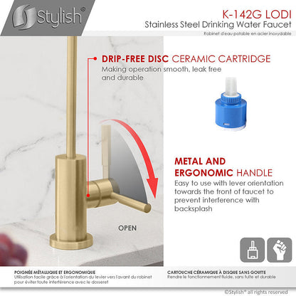 Stylish Lodi 11.25" Kitchen Drinking Water Tap Faucet, Stainless Steel Brushed Gold Finish K-142G