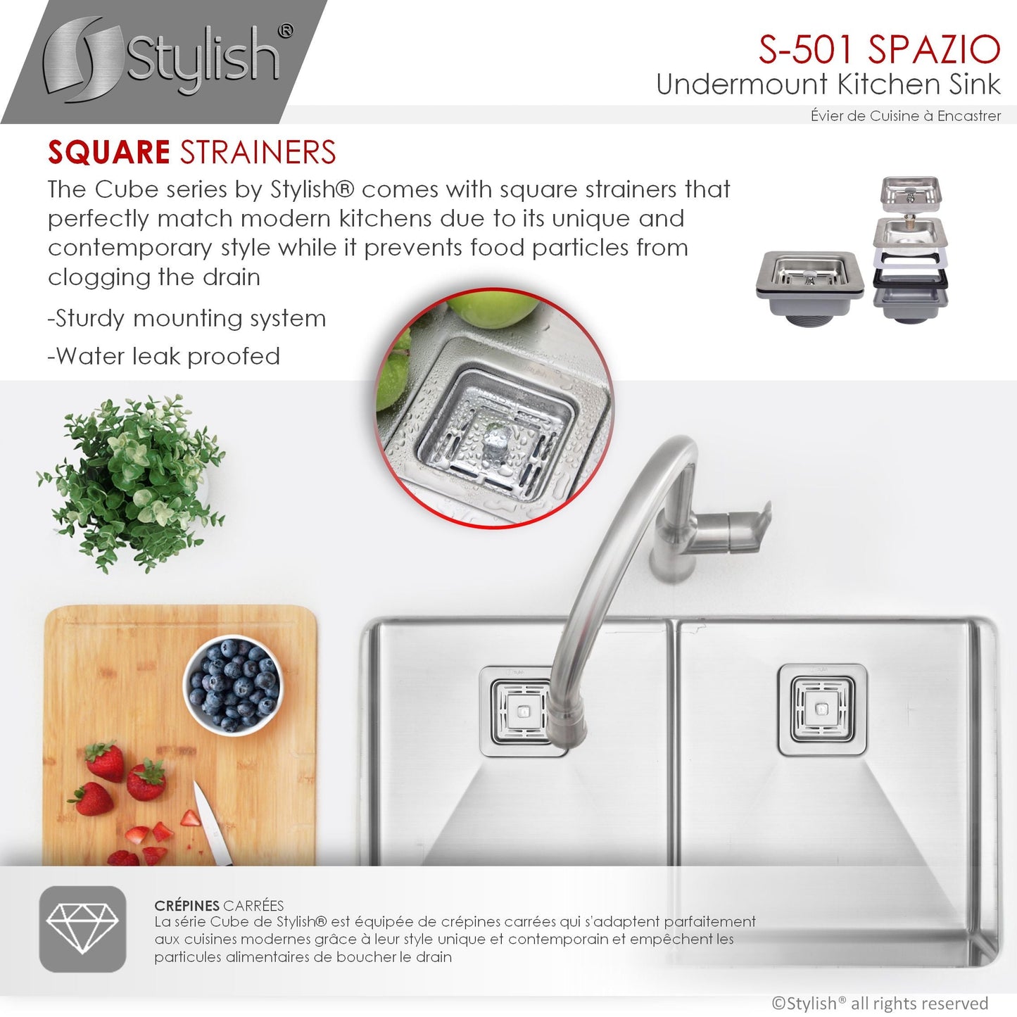 Stylish Spazio 33" x 18" Slim Low Divider Double Bowl Undermount Stainless Steel Kitchen Sink S-501XG