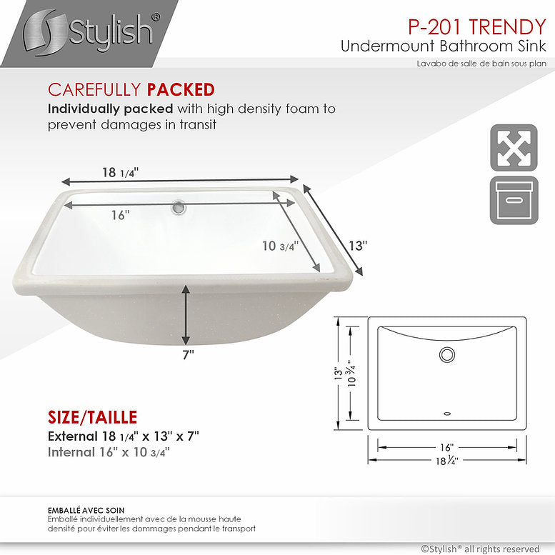 Stylish Trendy 18" Rectangular Undermount Bathroom Sink with Overflow Polished Chrome P-201X (Only Available With Purchase of 50+)