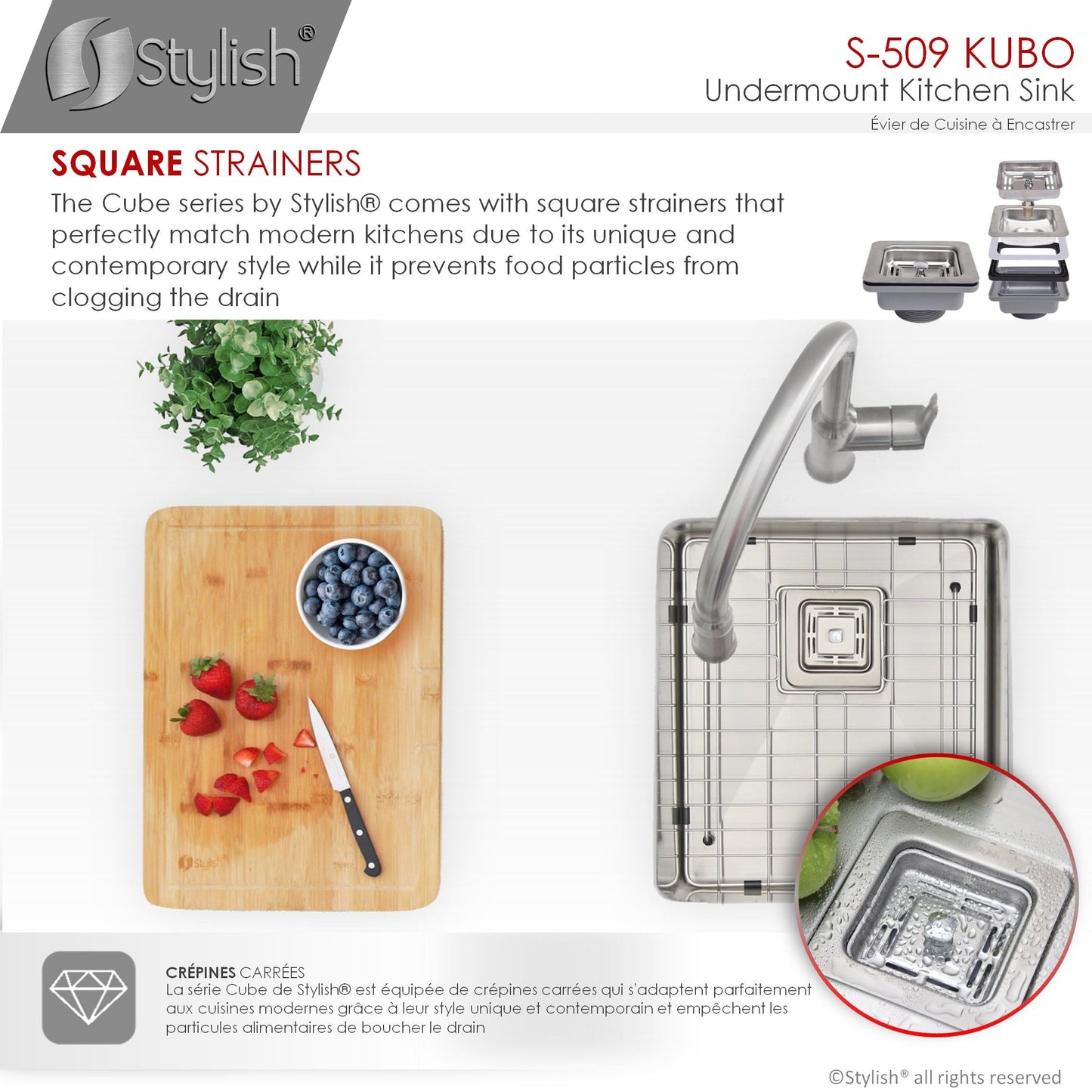 Stylish Kubo 16" x 18" Single Bowl Stainless Steel Kitchen Sink with Square Strainer S-509XG