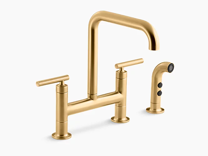 Kohler Purist 12" Modern Two Hole Deck Mount Bridge Kitchen Faucet With Spout and Matching Finish Sidespray Vibrant Brushed Brass