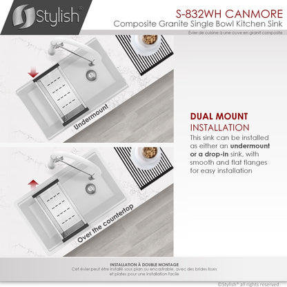 Stylish Canmore 32" x 18" Dual Mount Workstation Single Bowl White Composite Granite Kitchen Sink with Built in Accessories