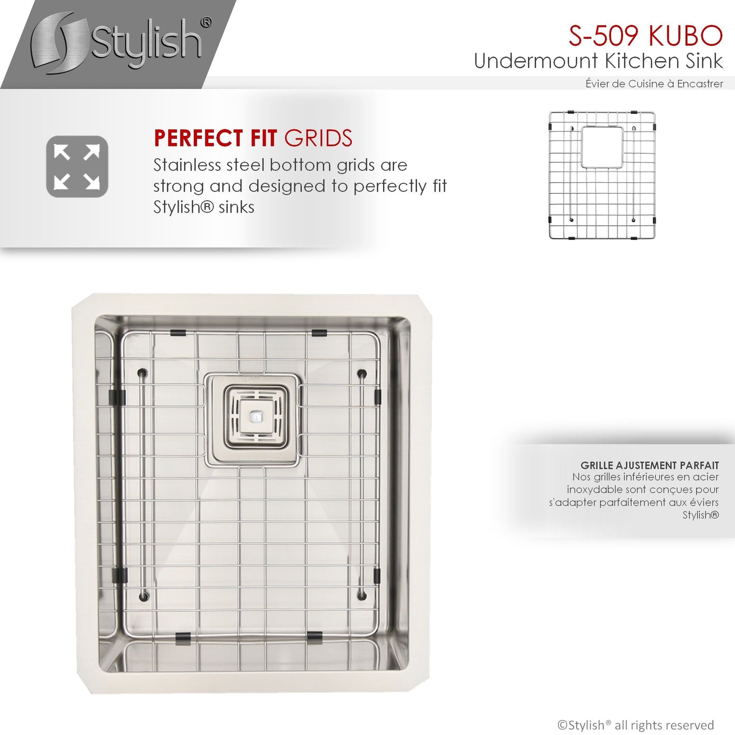 Stylish Kubo 16" x 18" Single Bowl Stainless Steel Kitchen Sink with Square Strainer S-509XG