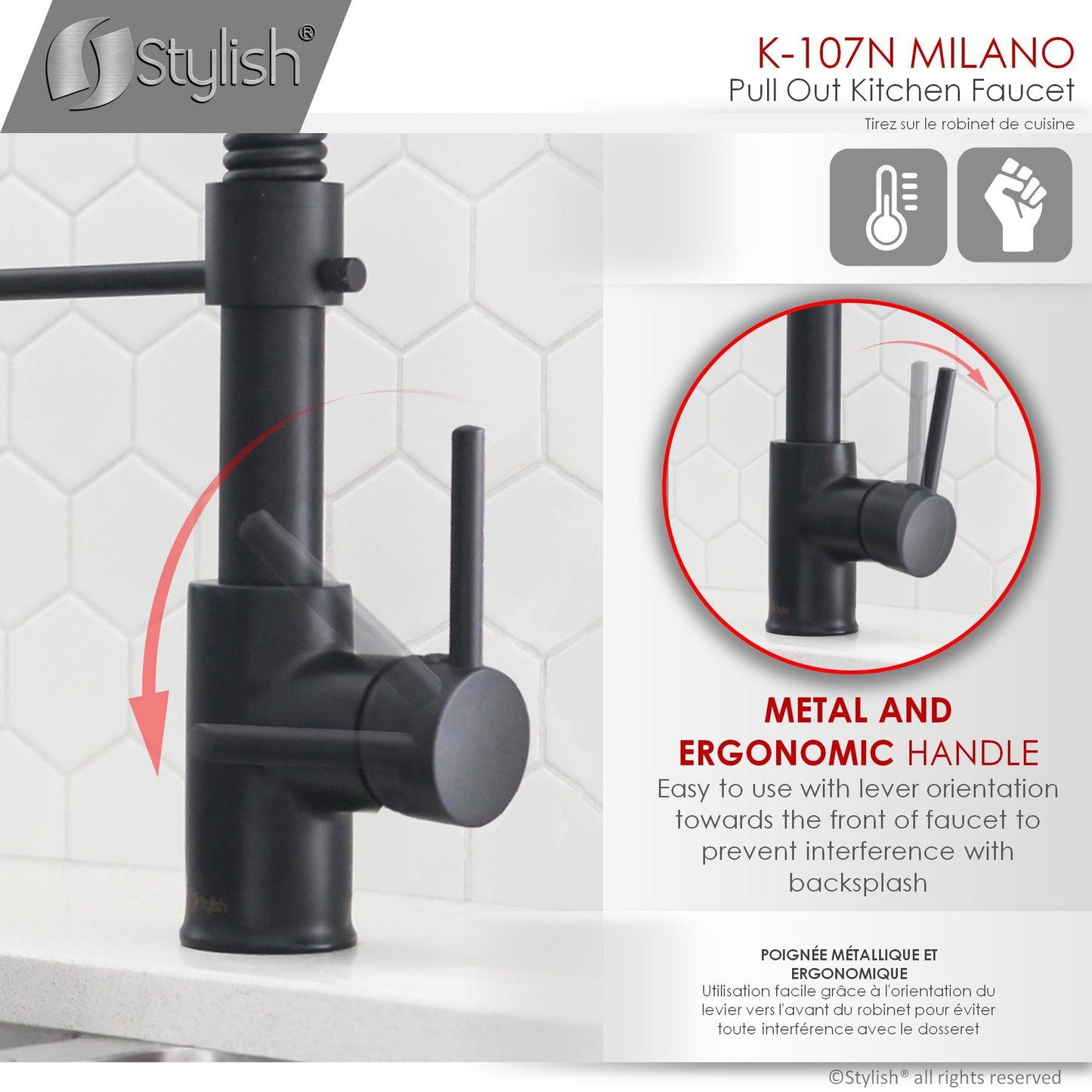 Stylish Milano 17.5" Kitchen Faucet Single Handle Pull Down Dual Mode Lead Free Matte Black Finish K-107N