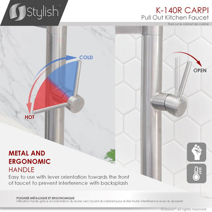 Stylish Carpi 20" Stainless Steel Single Handle Pull Out Dual Mode Kitchen Faucet with Red Spout Hose K-140R