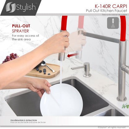 Stylish Carpi 20" Stainless Steel Single Handle Pull Out Dual Mode Kitchen Faucet with Red Spout Hose K-140R