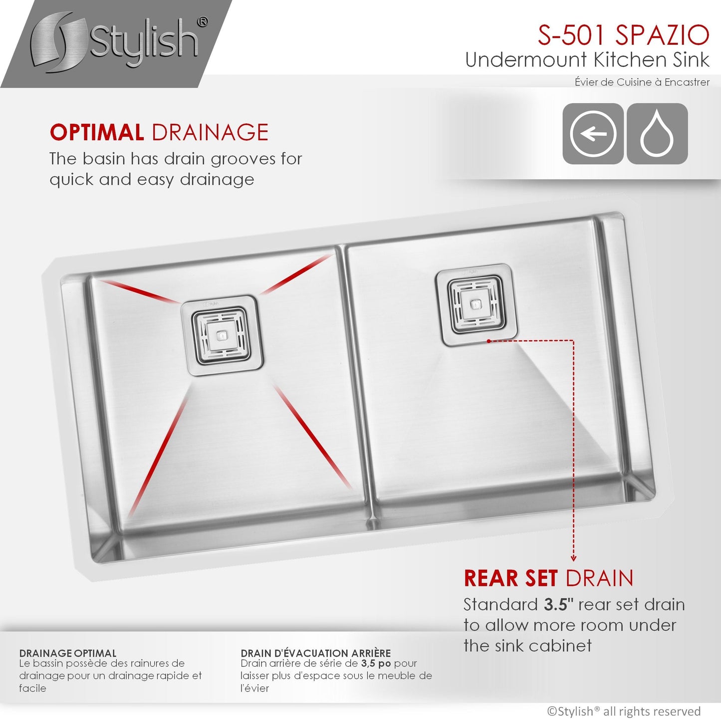 Stylish Spazio 33" x 18" Slim Low Divider Double Bowl Undermount Stainless Steel Kitchen Sink S-501XG