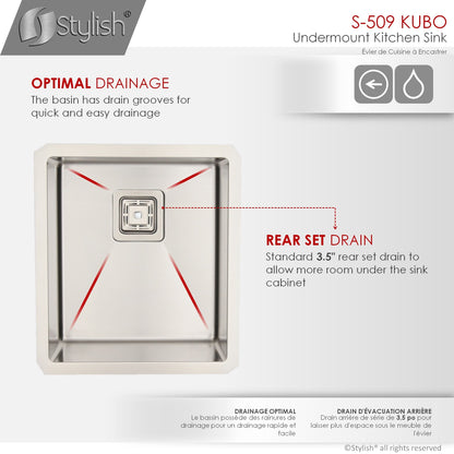 Stylish Kubo 16" x 18" Single Bowl Stainless Steel Kitchen Sink with Square Strainer S-509XG