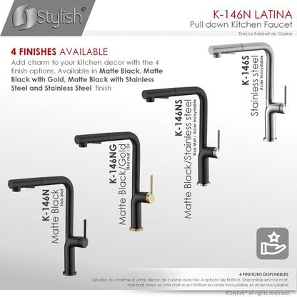 Stylish Latina 13" Kitchen Faucet Single Handle Pull Down Dual Mode Matte Black Finish K-146N