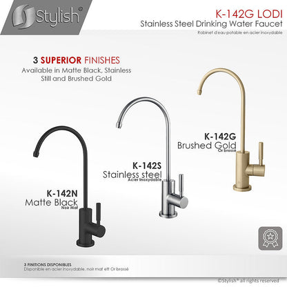 Stylish Lodi 11.25" Kitchen Drinking Water Tap Faucet, Stainless Steel Brushed Gold Finish K-142G