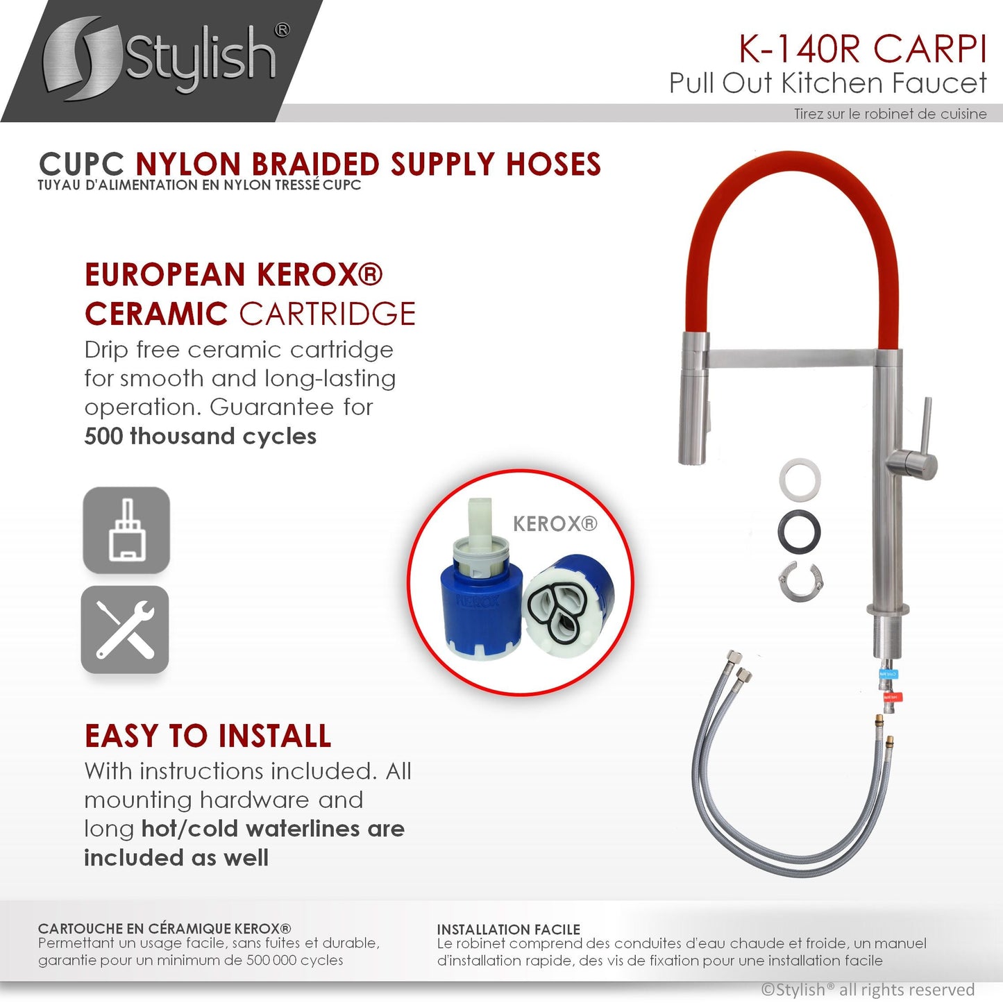 Stylish Carpi 20" Stainless Steel Single Handle Pull Out Dual Mode Kitchen Faucet with Red Spout Hose K-140R