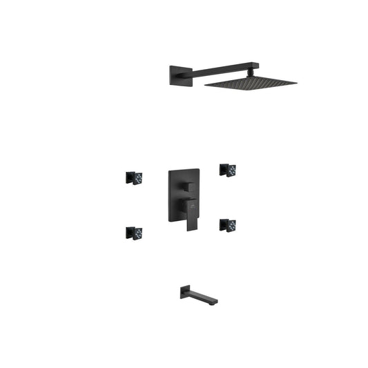 Kube Bath Aqua Piazza Black Shower Set With 8" Square Rain Shower, 4 Body Jets and Tub Filler