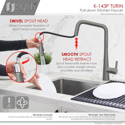 Stylish Turin 17" Kitchen Faucet Single Handle Pull Down Dual Mode Lead Free Gun Metal K-143P