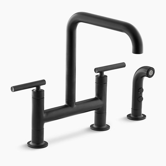 Kohler - Purist Deck-mount Bridge Two-hole Bridge Kitchen Sink Faucet With Sidesprayer - Matte Black