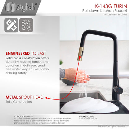 Stylish Turin 17" Kitchen Faucet Single Handle Pull Down Dual Mode Lead Free Matte Black/Gold K-143NG