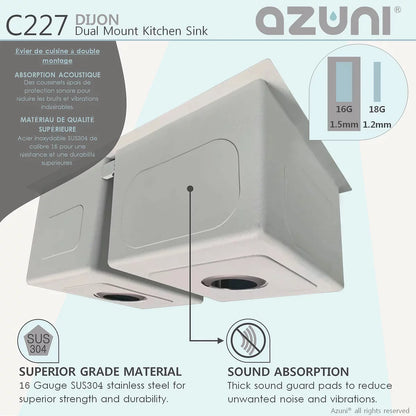 Stylish Azuni 27" x 18" Dijon Dual mount Double Bowl Kitchen Sink Stainless Steel C227