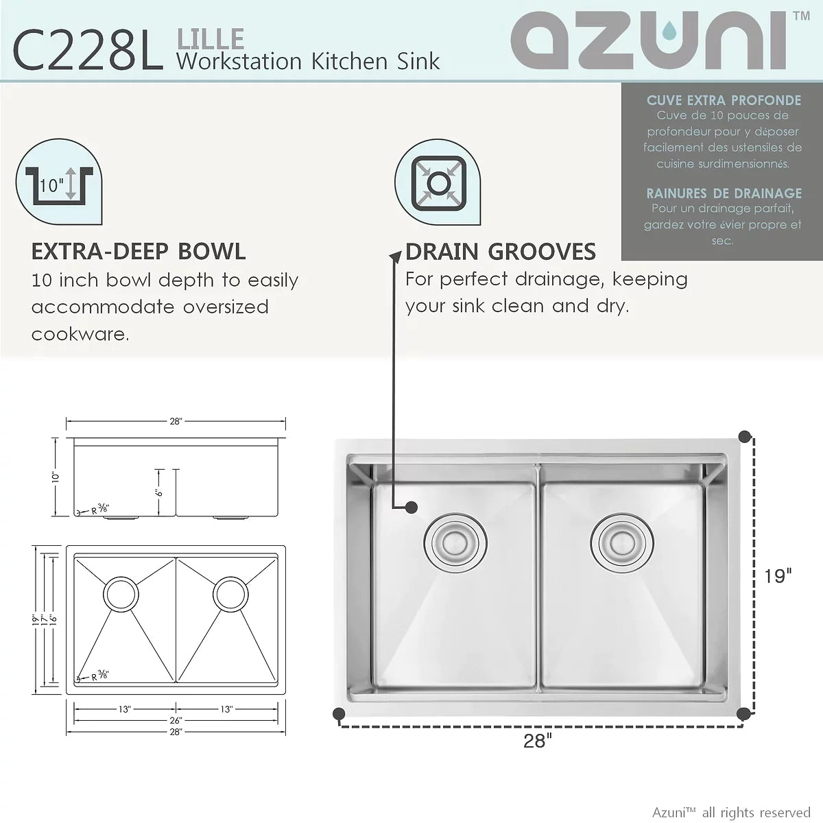 Stylish Azuni 28" x 19" Lille Workstation Double Bowl Undermount Kitchen Sink Stainless Steel C228l