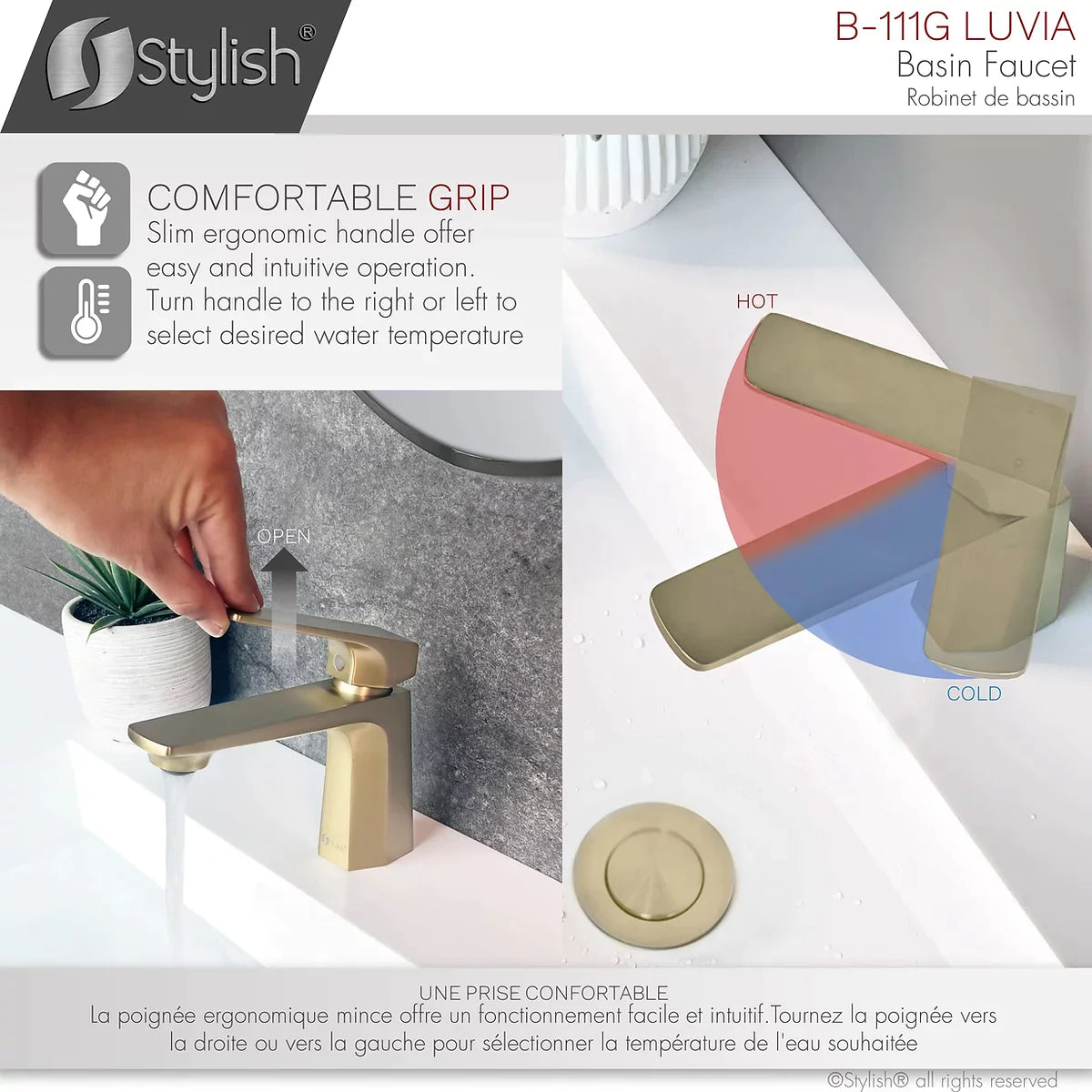 Stylish Luvia Bathroom Faucet Single Handle Brushed Gold Finish B-111G