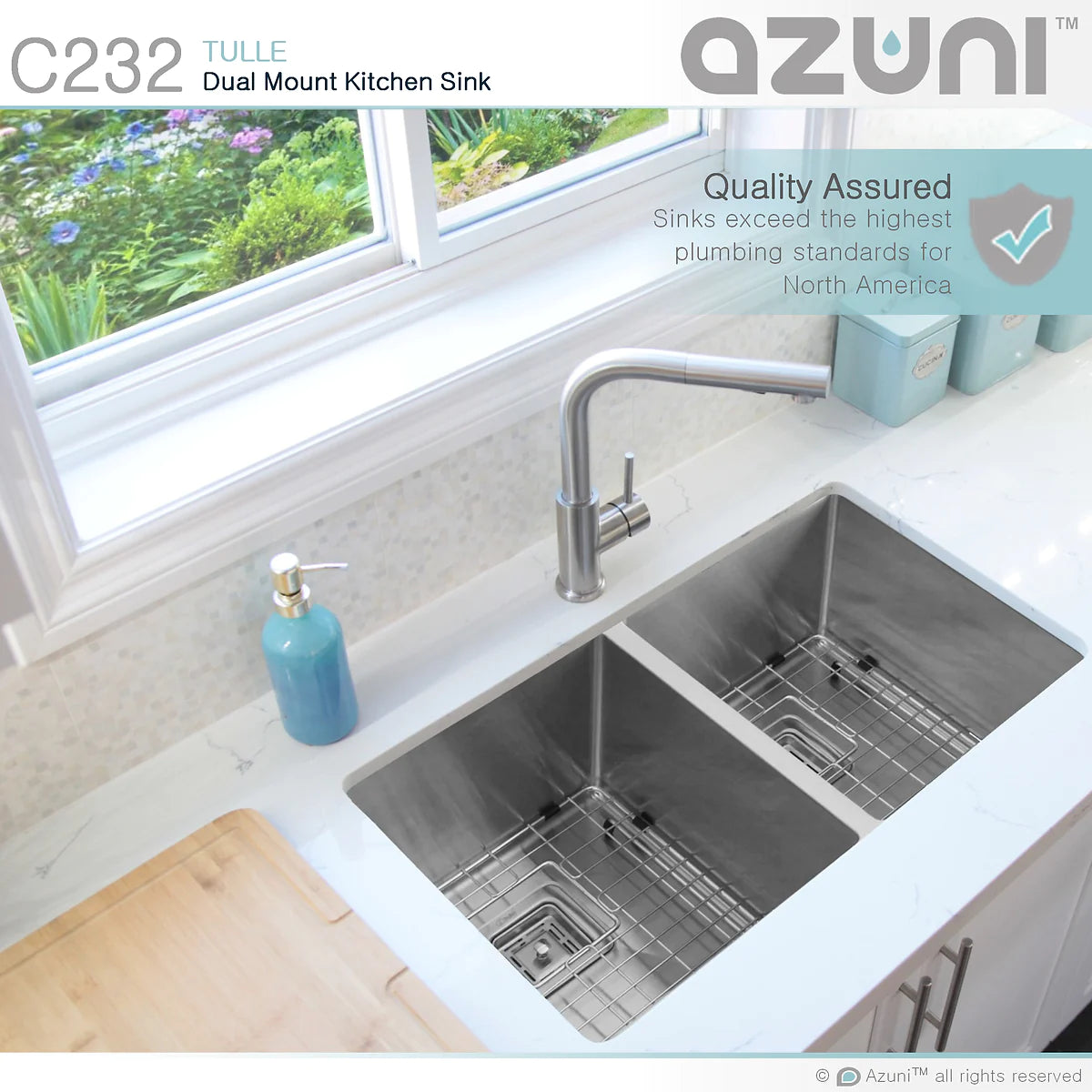 Stylish Azuni 32" x 18" Tulle Square Strainer 16 Gauge Undermount or Drop-in 50/50 Double Bowl Stainless Steel Kitchen Sink C232