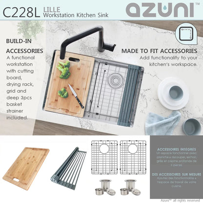 Stylish Azuni 28" x 19" Lille Workstation Double Bowl Undermount Kitchen Sink Stainless Steel C228l