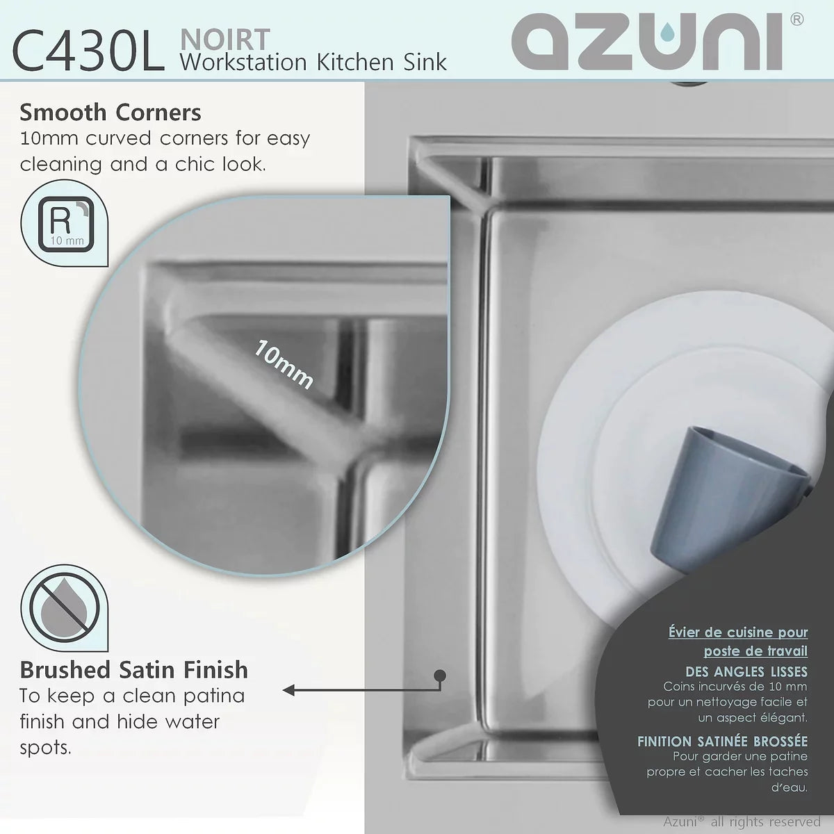 Stylish Azuni 31" x 20.5" Noirt Workstation Single Bowl Kitchen Sink Stainless Steel C430l