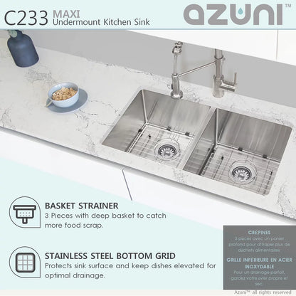 Stylish Azuni 32" x 18.5" Maxi Undermount Double Bowl Kitchen Sink Stainless Steel C233