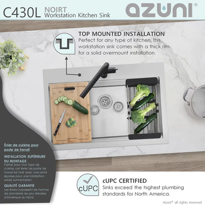 Stylish Azuni 31" x 20.5" Noirt Workstation Single Bowl Kitchen Sink Stainless Steel C430l